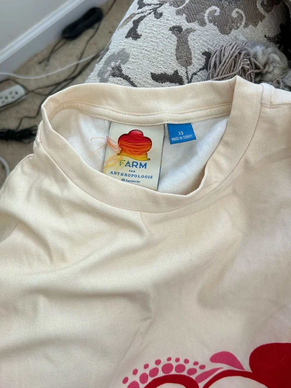 Farm Rio x Anthropologie Oversized Cream Tee Sweater with Red & Pink Graphic